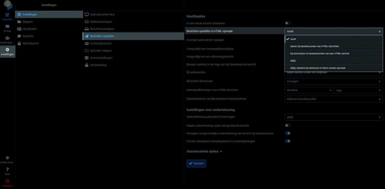 RoundCube instelling of HTML-opmaak gebruikt moet worden.