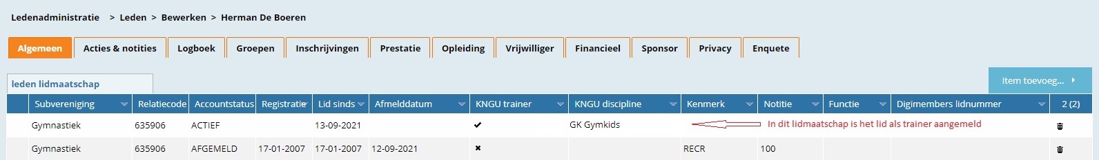 Situatie 2:Het lid wordt trainer en stopt als atleet.